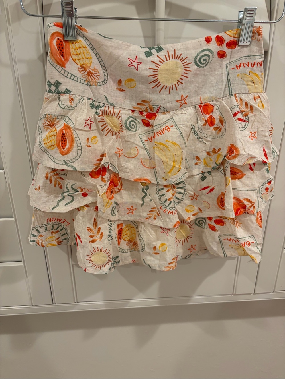 Tiered Ruffle Mini Skirt in Cream with Orange Print